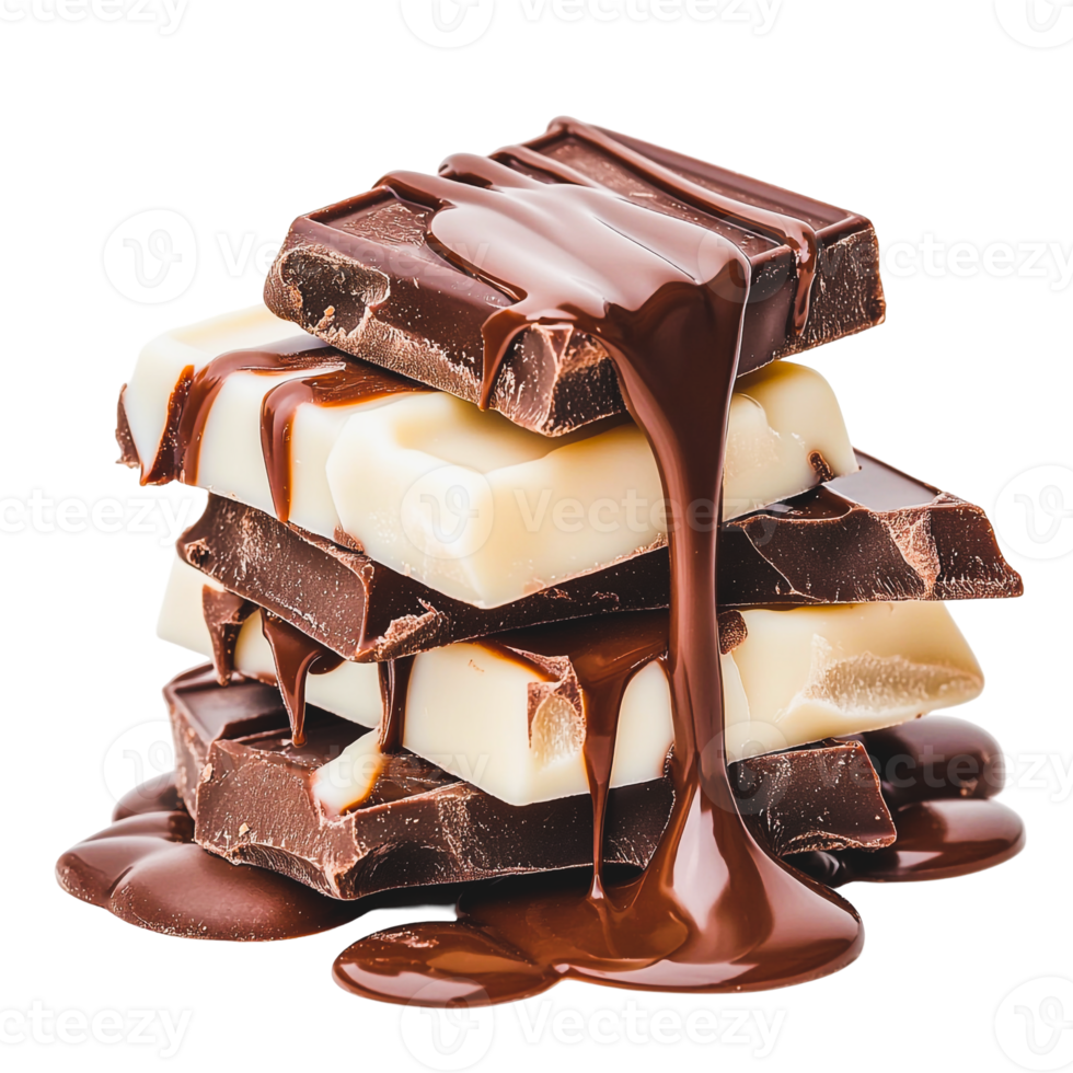 Stack of Chocolate Pieces with Melted Dark Milk and White Chocolate png