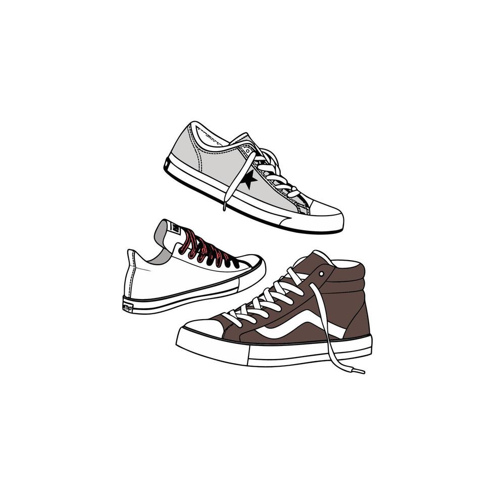 A drawing of three pairs of sneakers vector
