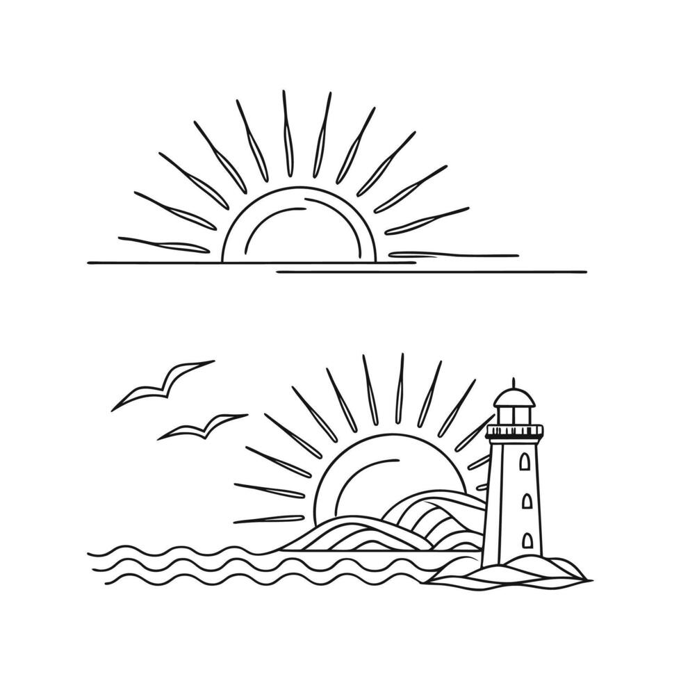 Lighthouse and sea with sun and waves illustration vector