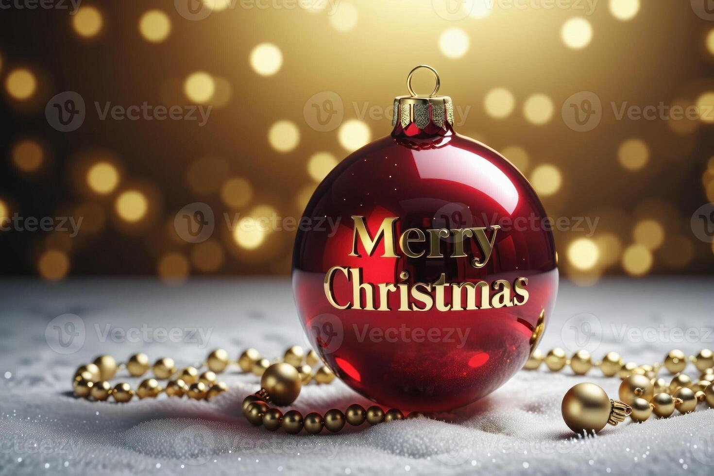 Christmas card featuring 'Merry Christmas' on a red ornament with gold letters, set against softly glowing holiday lights for a festive feel. High quality photo