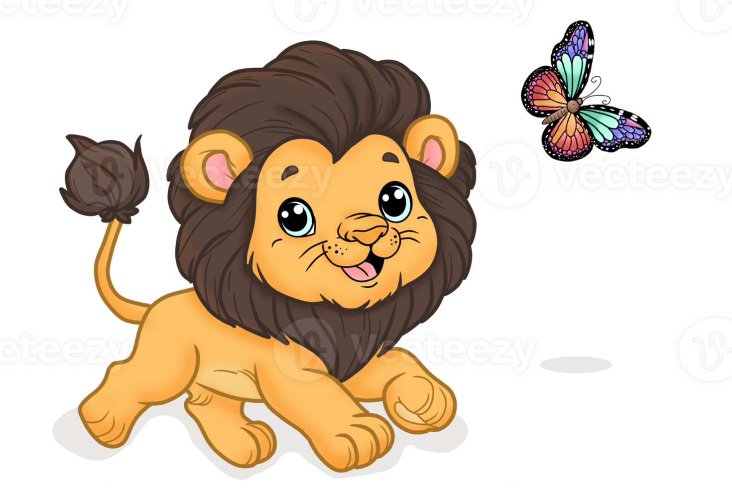 A delightful cartoon illustration of a tiger joyfully chasing a butterfly. Perfect for use in childrens books, educational materials, and creative projects. png