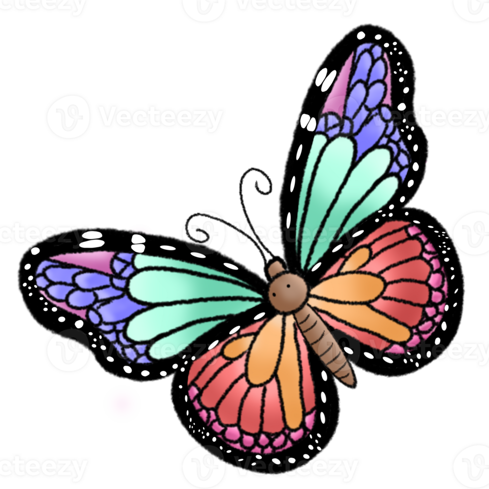 A vibrant and charming cartoon illustration of a butterfly with intricate wing patterns and bright colors. Ideal for childrens projects, educational content, decorations, and creative designs. png