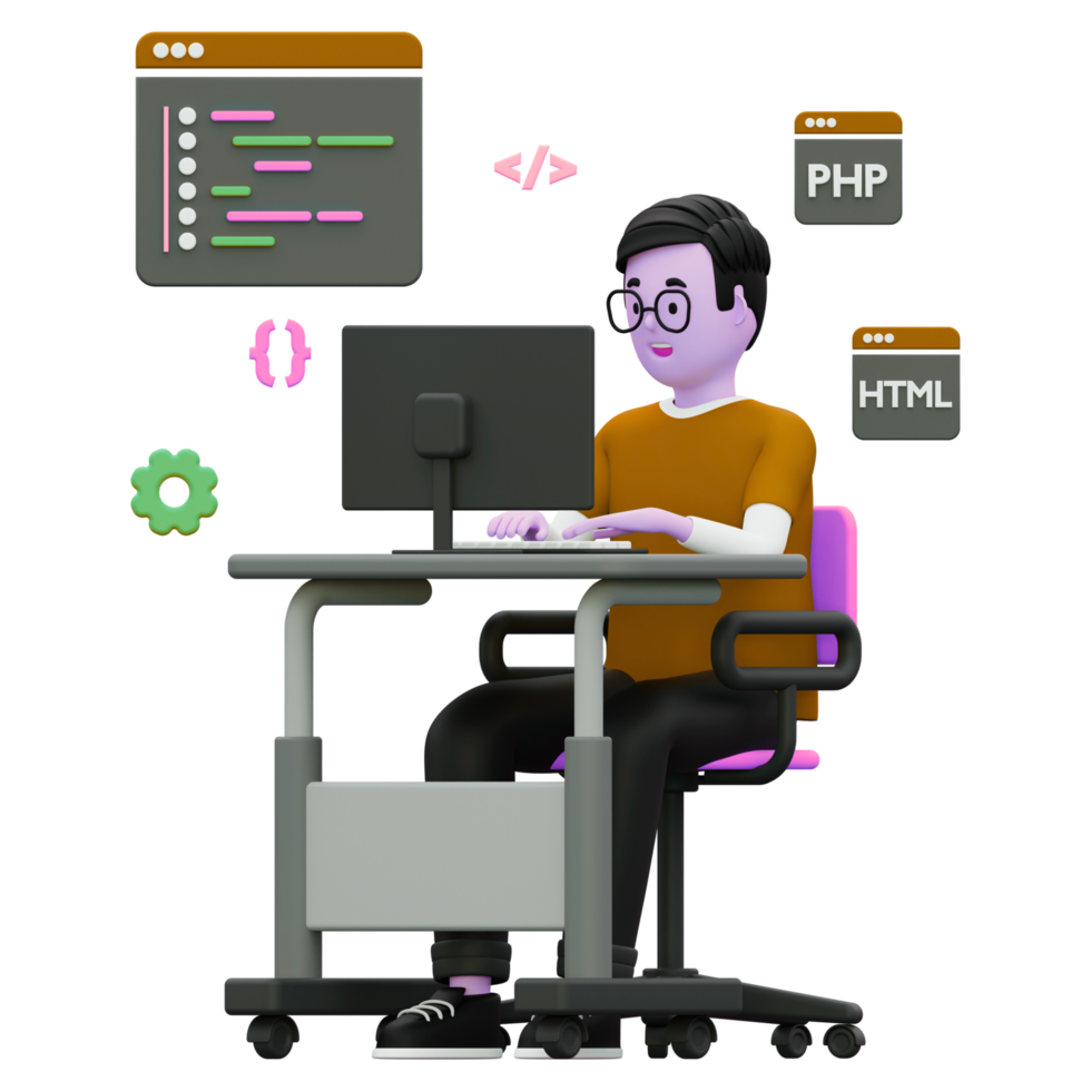 A man sitting at a desk with a computer and a laptop png
