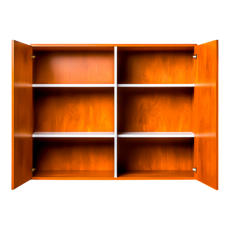 Wooden Cabinet with Open Doors and Empty Shelves Interior Design png