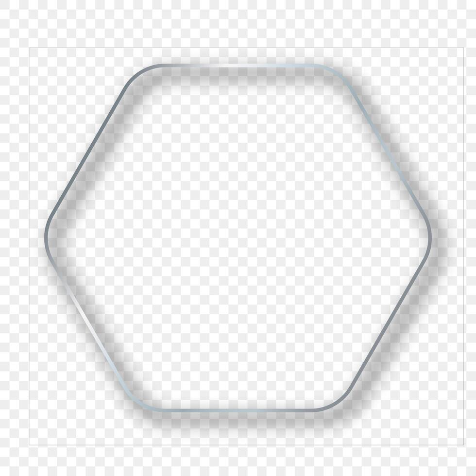 Silver glowing rounded hexagon frame with shadow vector