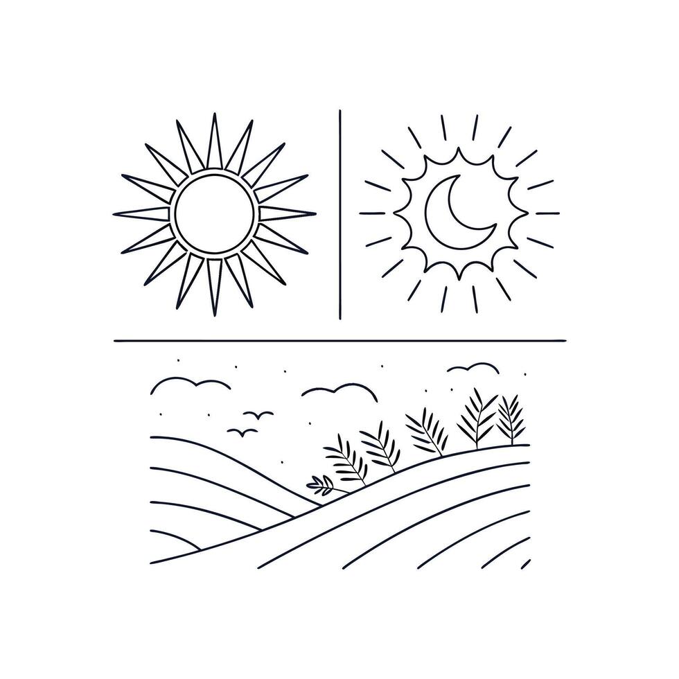The sun and the moon are shown in a line drawing vector