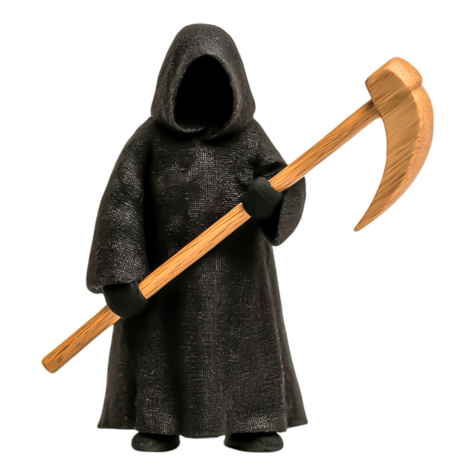 Mysterious Figure in Black Cloak Holding a Scythe in Darkness png