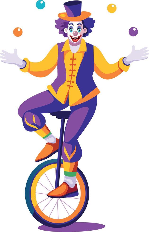 A flat illustration of a clown juggling balls on a single wheel bicycle vector