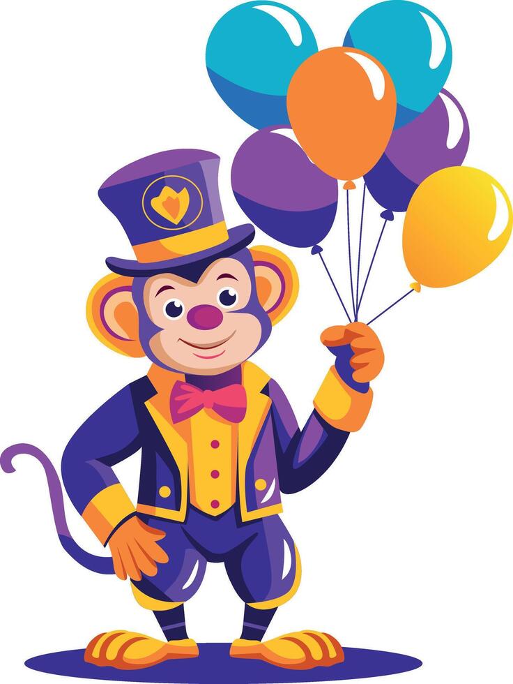 A flat illustration of a circus monkey holding balloons vector