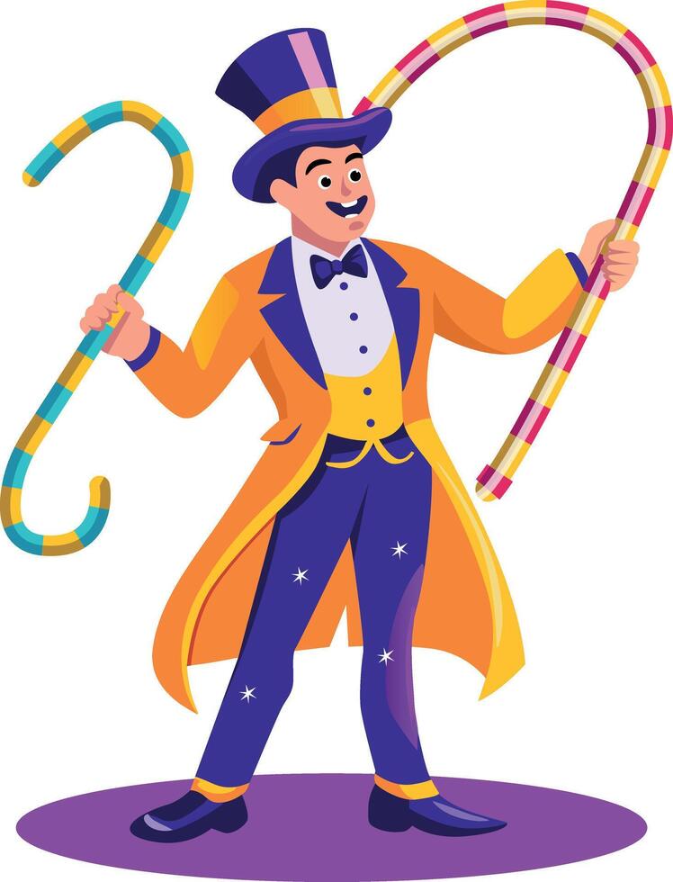 Circus ringmaster performing trick with long sticks illustration in flat style vector