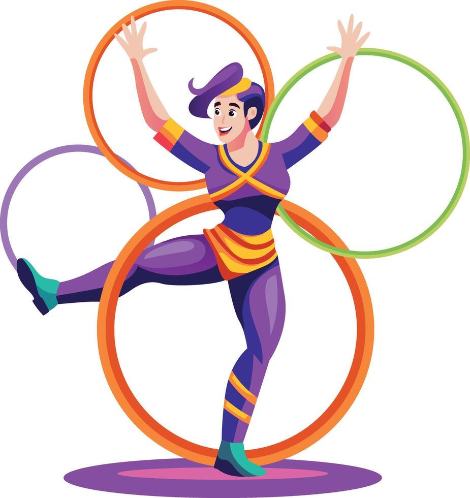 A flat illustration of a character performing with hula hoops vector