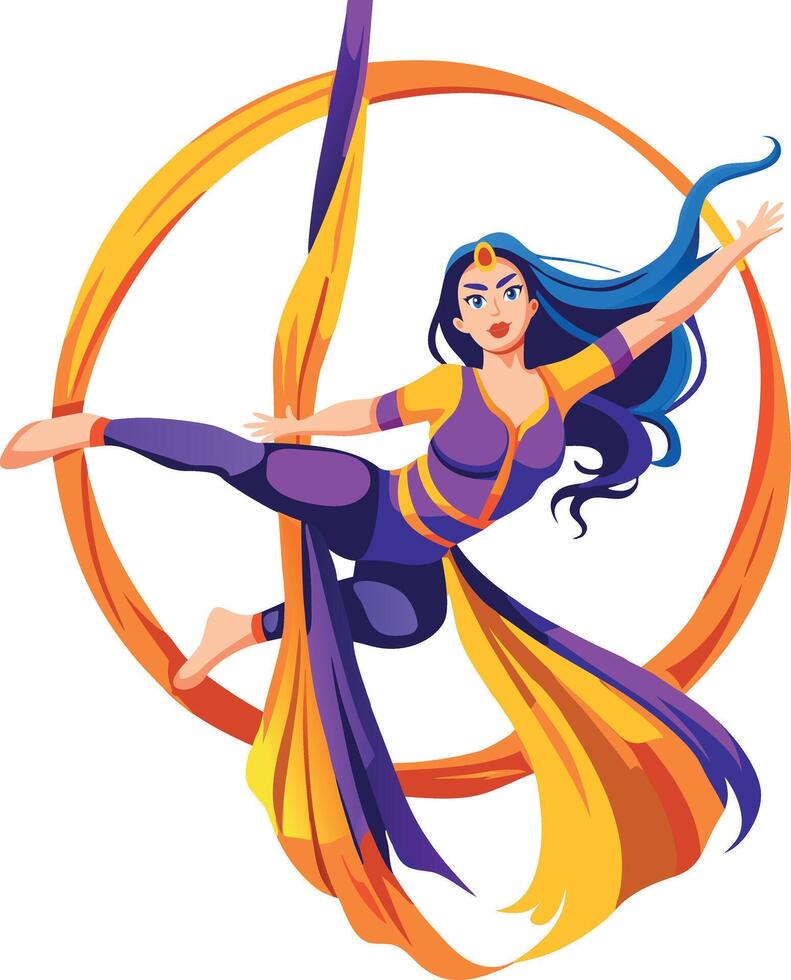 A flat illustration of a circus girl doing aerial dance vector