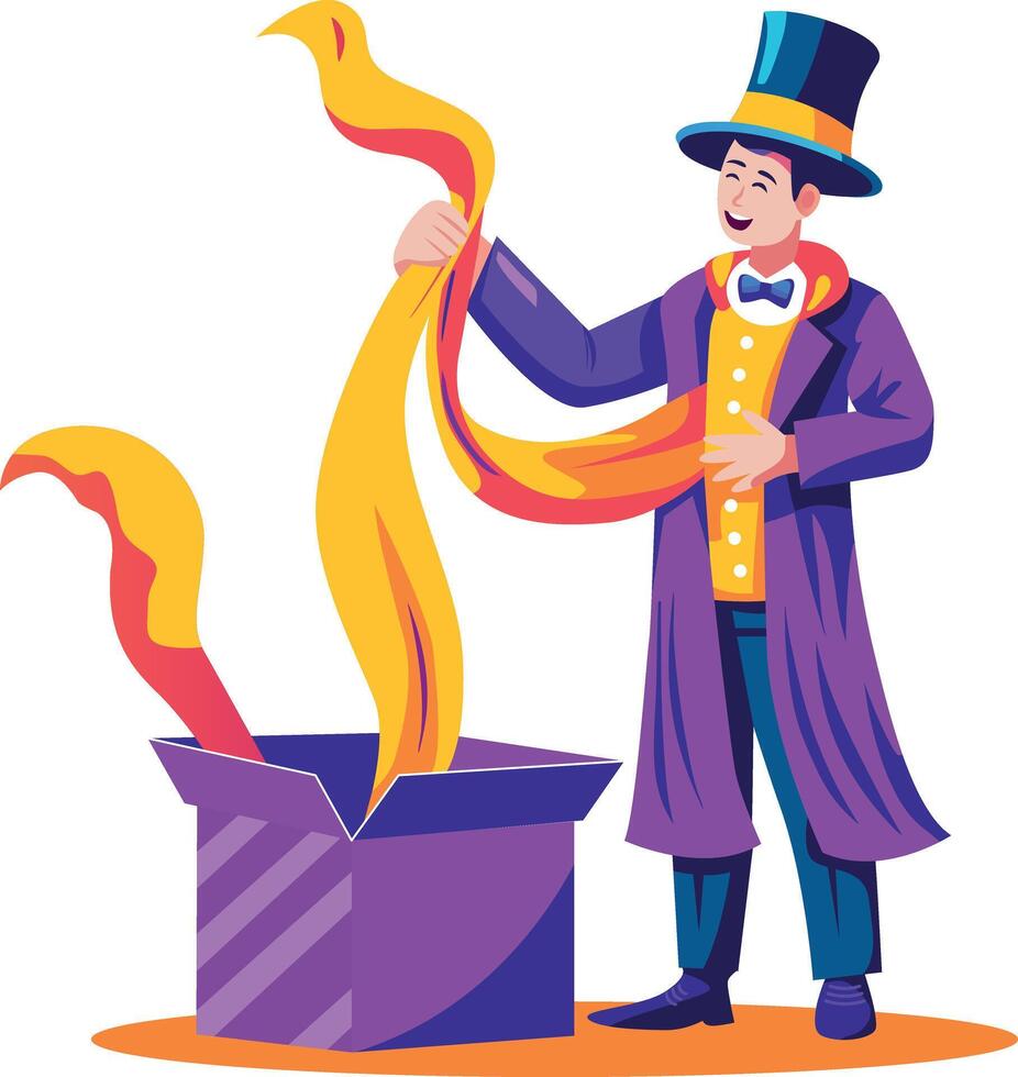 A flat illustration of a magician character showing magic trick with a box vector
