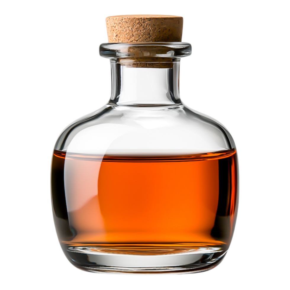 Glass Bottle with Cork Stopper Filled with Amber Liquid png