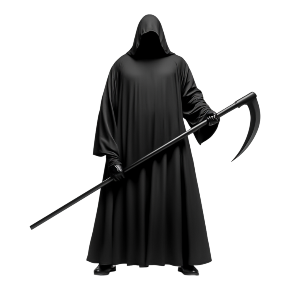 Mysterious Figure in Black Hooded Cloak Holding Scythe png