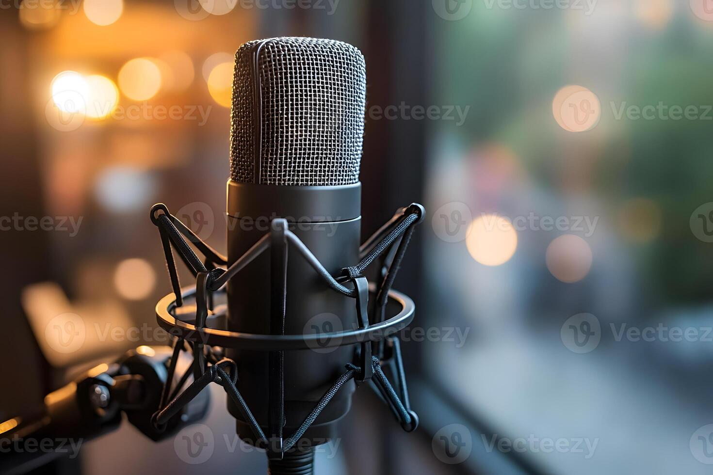 A microphone is sitting in front of a window photo