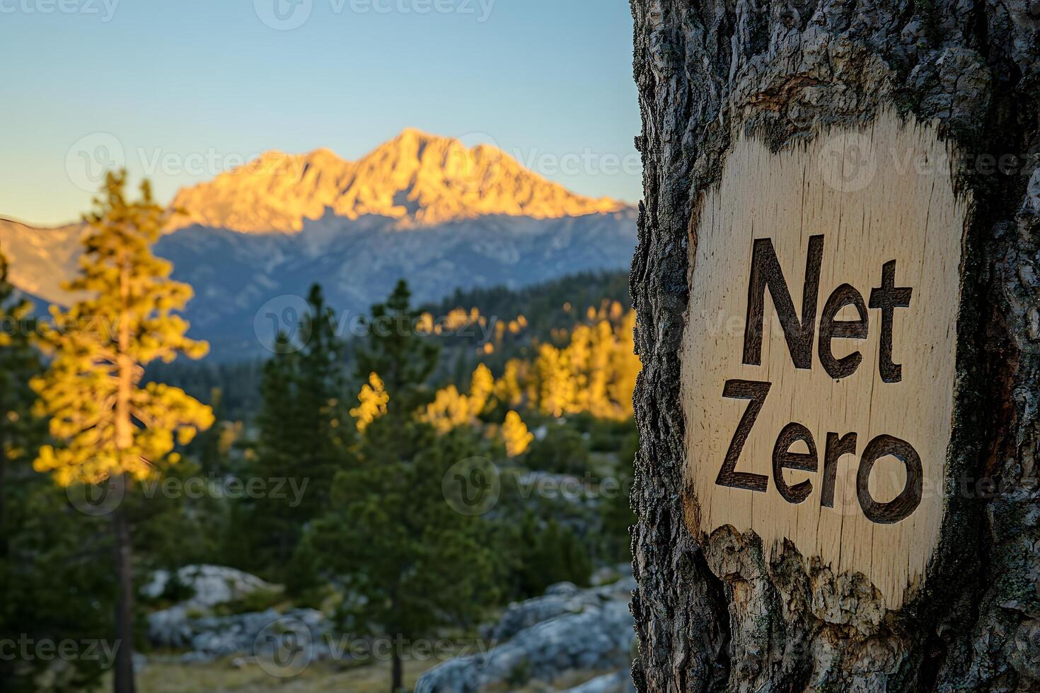 A Promise Kept. Majestic mountain landscape at sunset with a carved Net Zero sign on a tree trunk photo