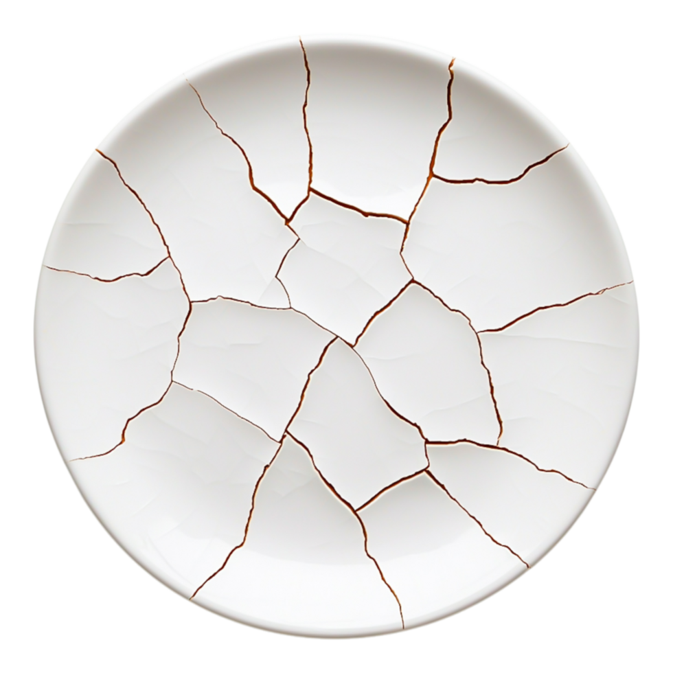 Broken porcelain plate with visible cracks and a minimalist design png