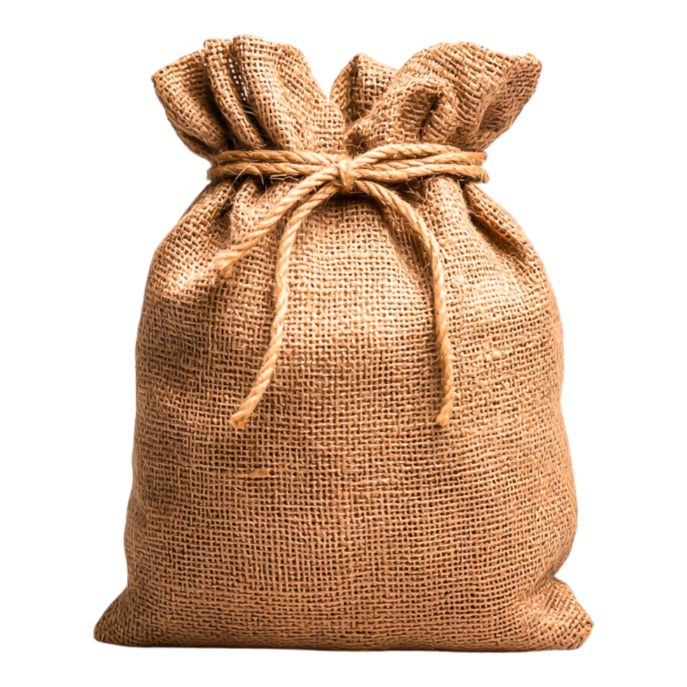 Rustic burlap sack filled with natural materials and grains png
