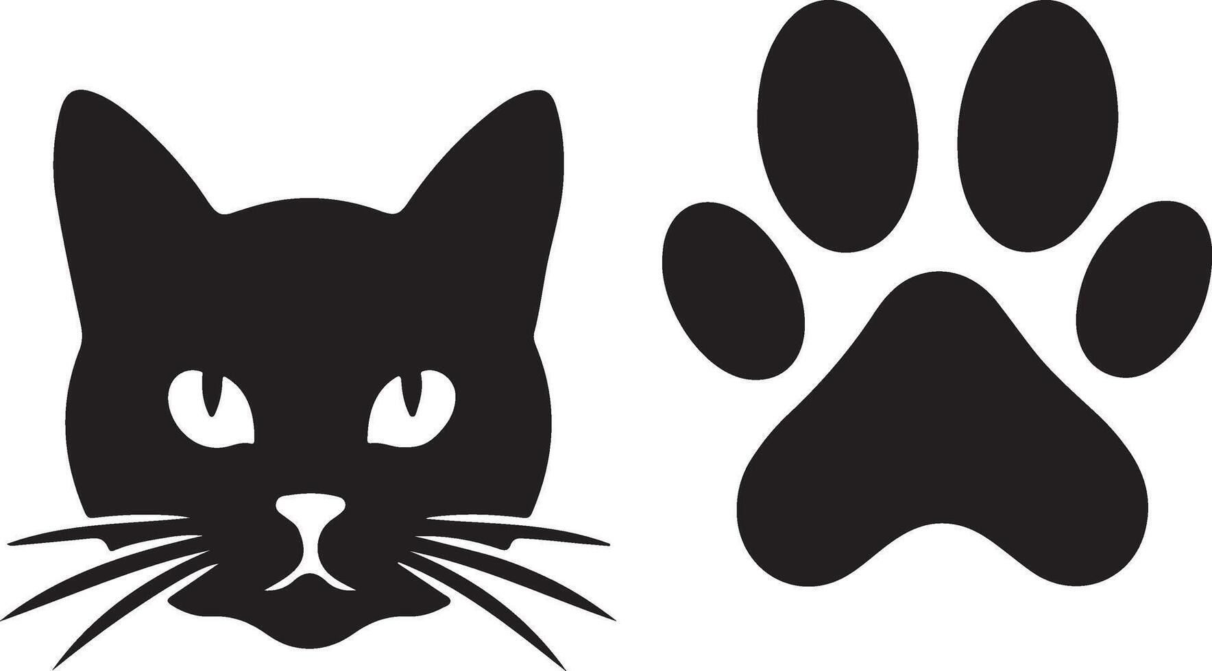 Black cat silhouette feline face and footprint. vector