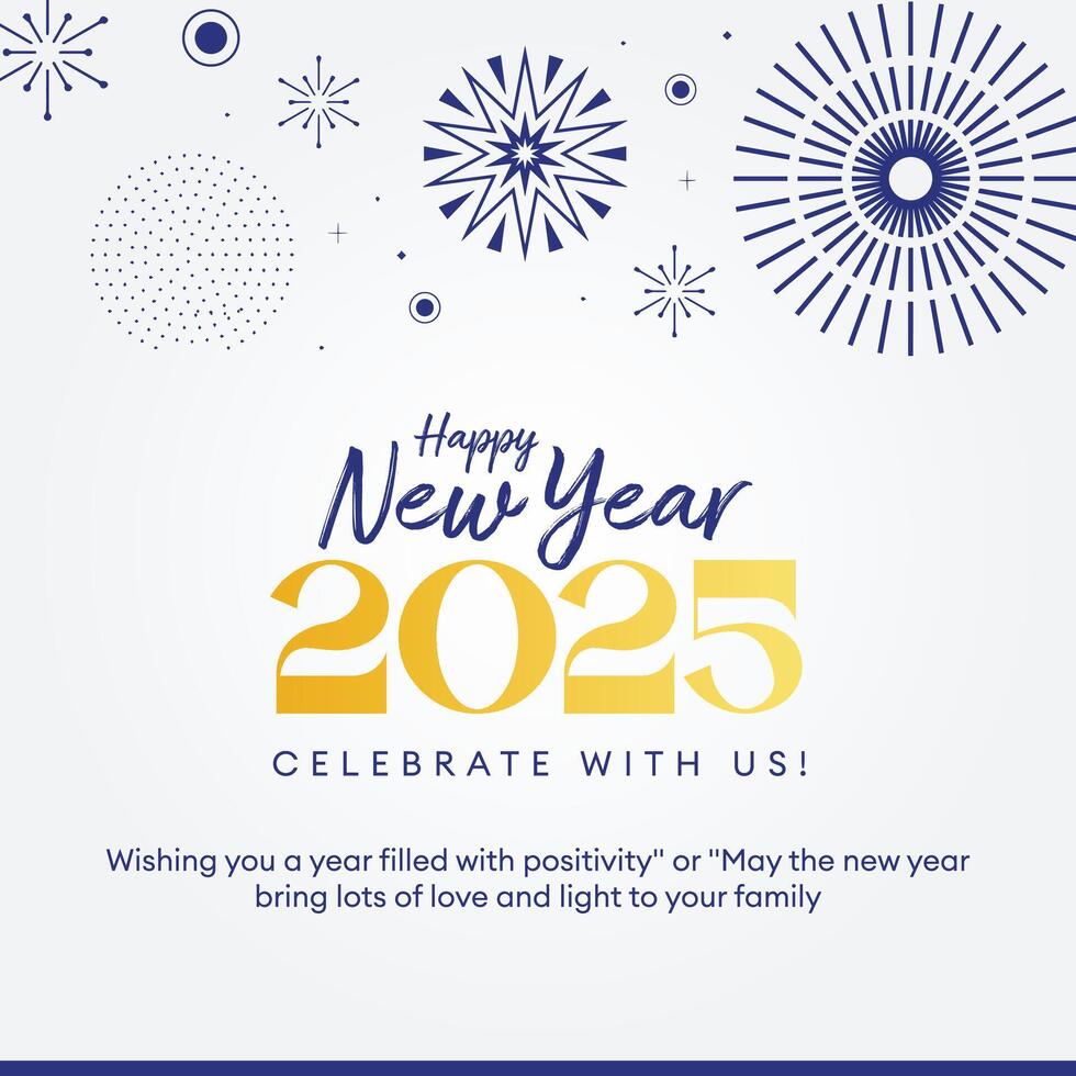 A clean and minimal Happy New Year 2025 celebration design featuring elegant gold and blue typography with decorative elements like leaves, stars, and abstract shapes. vector