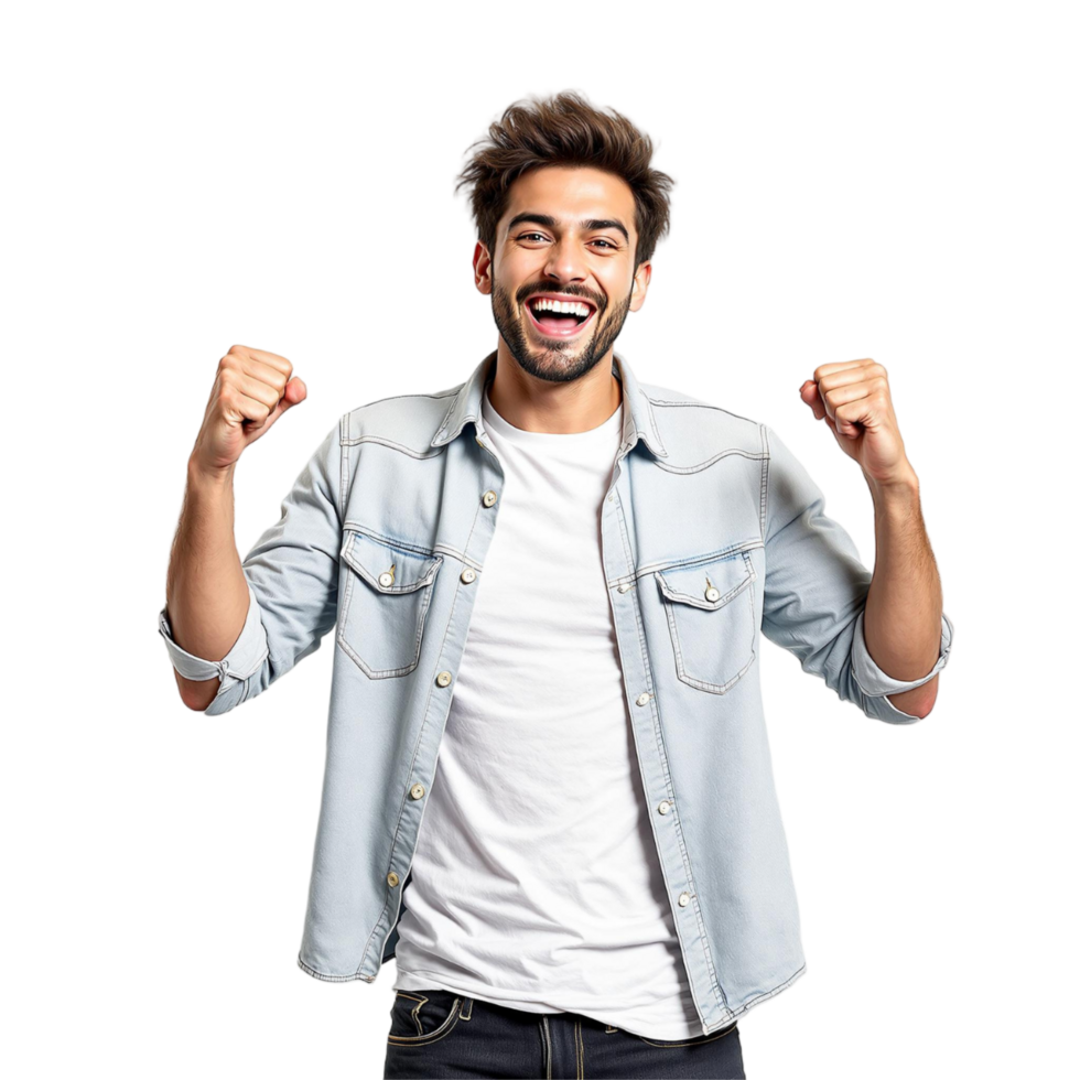 A man is smiling and raising his arms png