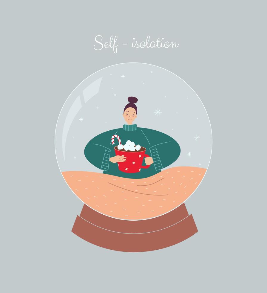 Self-isolated girl illustration with hot drink and snowflakes in a snow globe. Drinking cocoa with marshmallow in a cozy sweater under a blanket vector