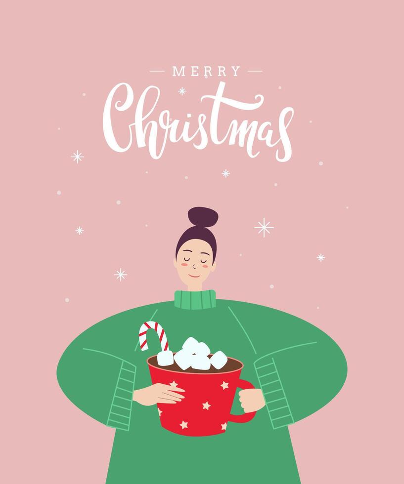 Cute greeting card with lettering - Merry Christmas - and girl in a sweater. A woman drinking cocoa or hot chocolate with marshmallows vector