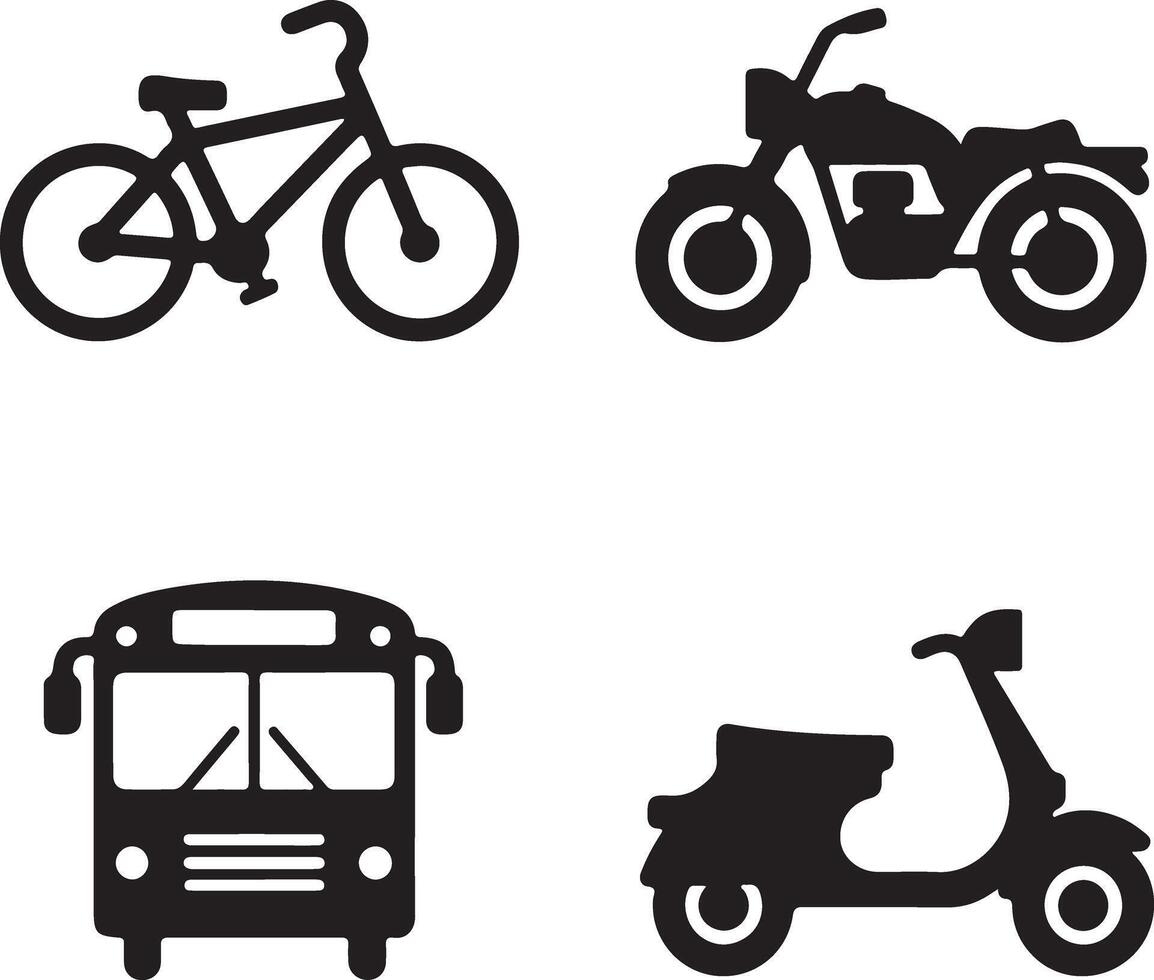 A set of four transport icons a bicycle, a motorbike, a bus, and a scooter. vector