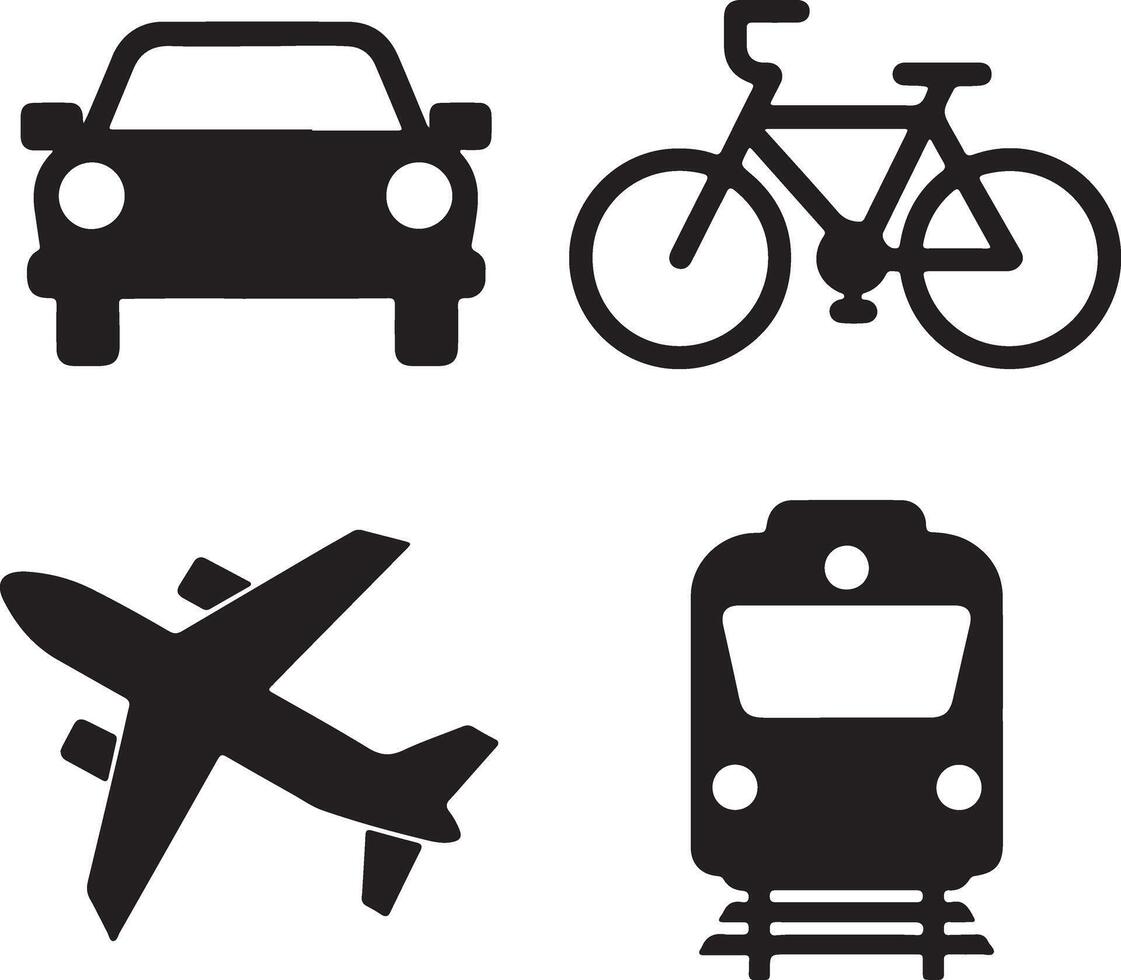 A set of plain icon of plain, train, car and cycle, silhouette illustration vector