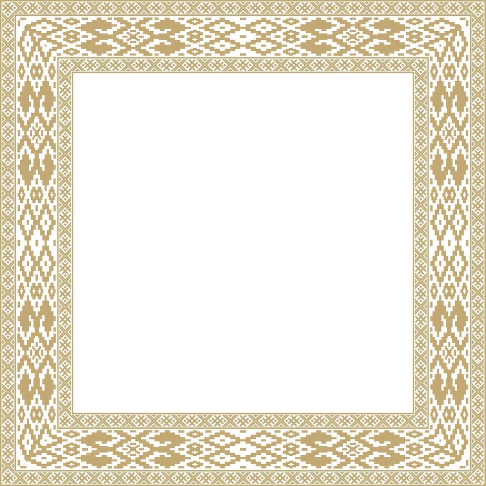 golden square belarusian national ornament frame. Ethnic pattern rectangle of Slavic peoples, Russian, Ukrainian, Serb, Pole, Bulgarian. Cross stitch template vector