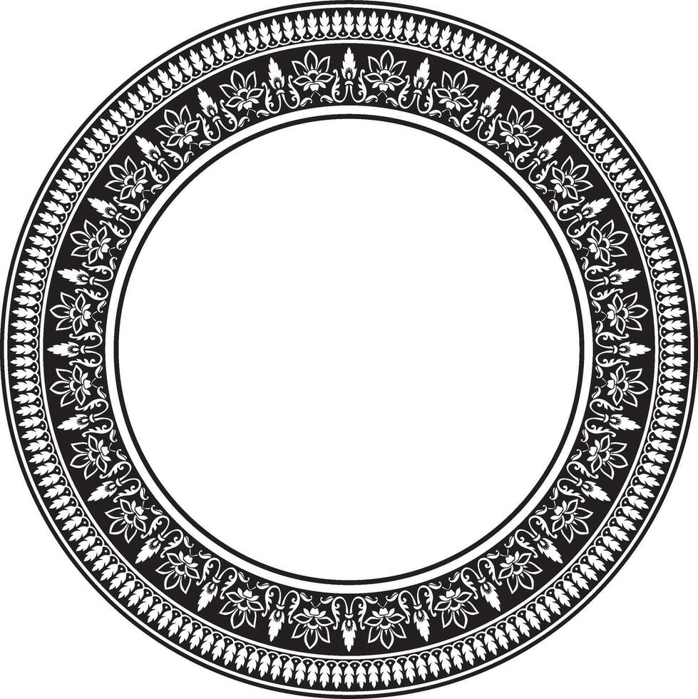 round monochrome black Indian national ornament. Ethnic plant circle, border. Frame, flower ring. Poppies and leaves. vector