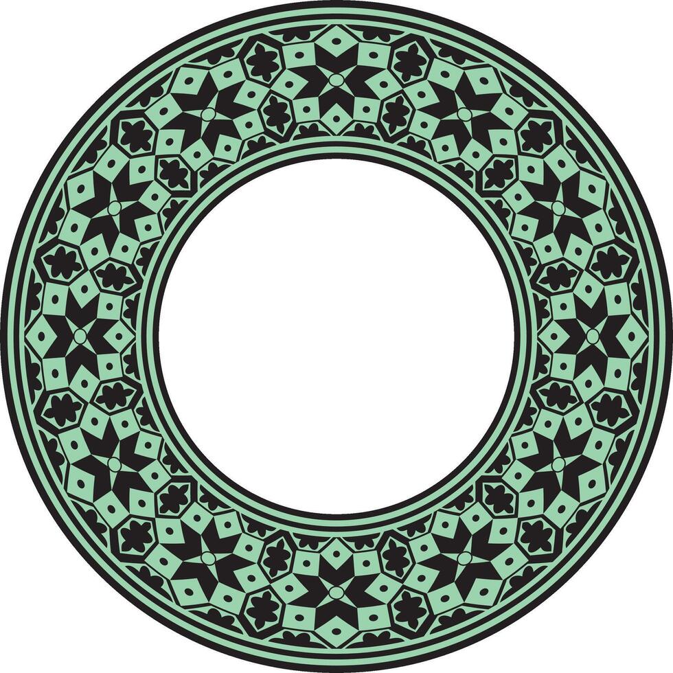 round national green with black ornament of ancient Persia. Iranian ethnic circle, ring, border, frame. vector