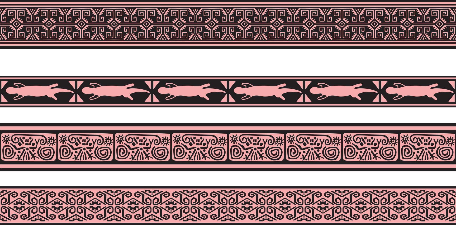 set of pink and black Native American ornamental seamless borders. Framework of the peoples of America, Aztecs, Maya, Incas. vector