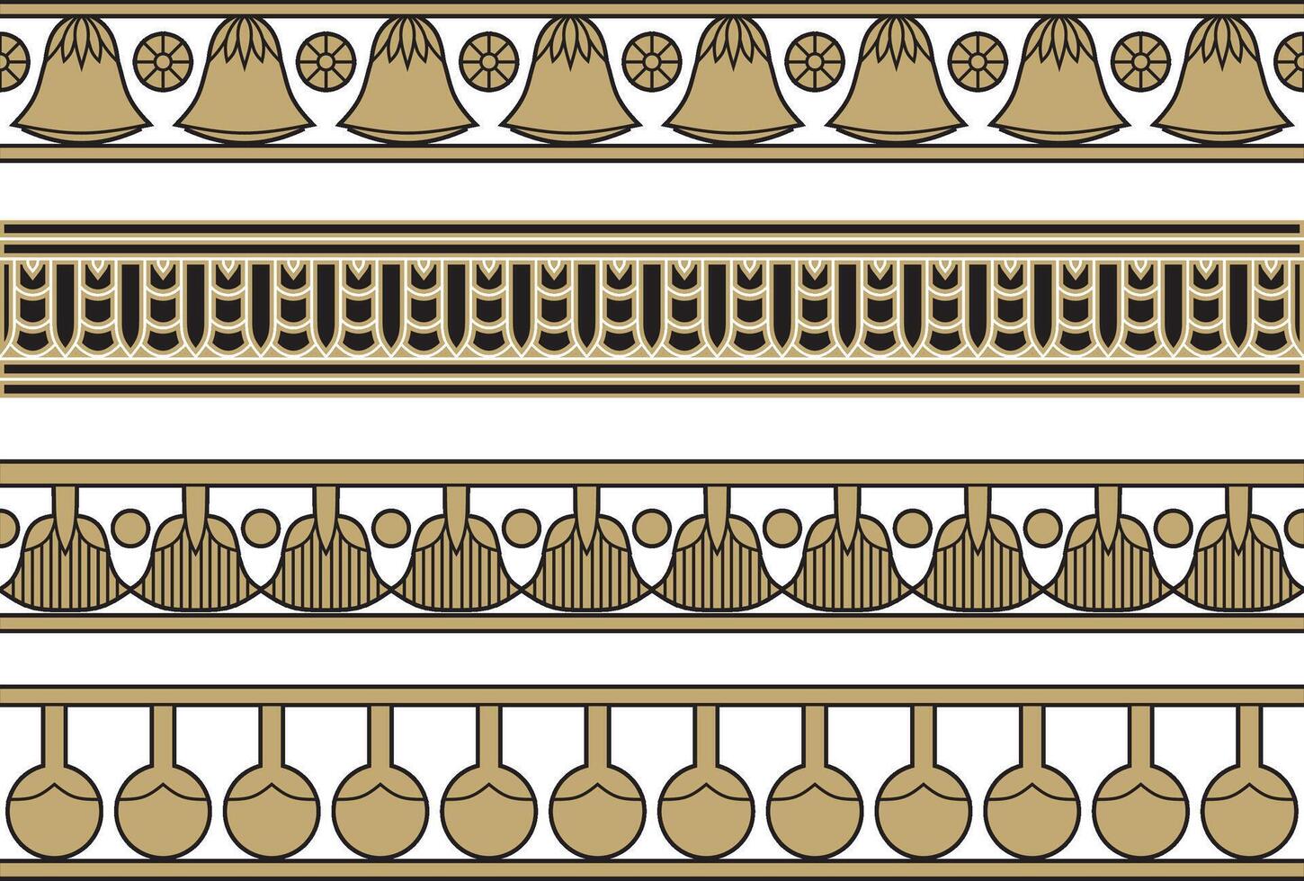 set of gold and black seamless Egyptian borders. Endless Ornaments of Ancient Egypt. Geometric African frame. vector