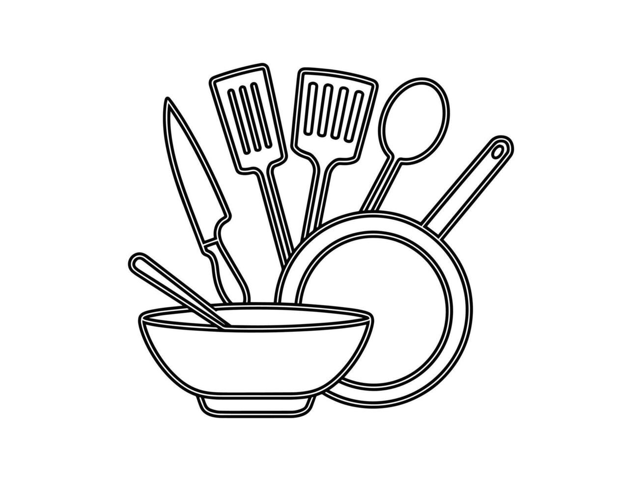 Simple Line Art Illustration of Essential Kitchen Utensils and Bowls vector