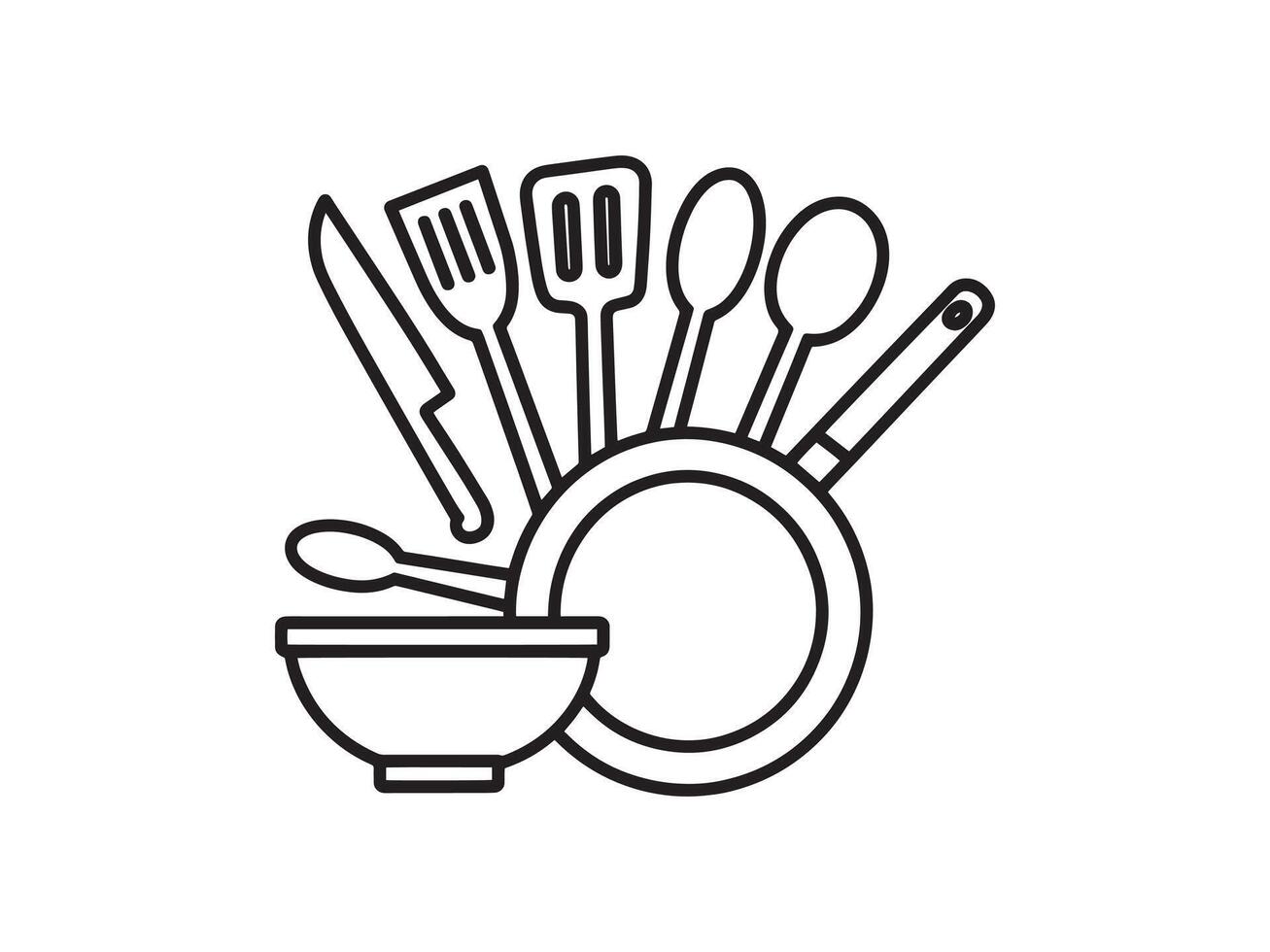 Simple Line Art Illustration of Kitchen Utensils and Bowls vector