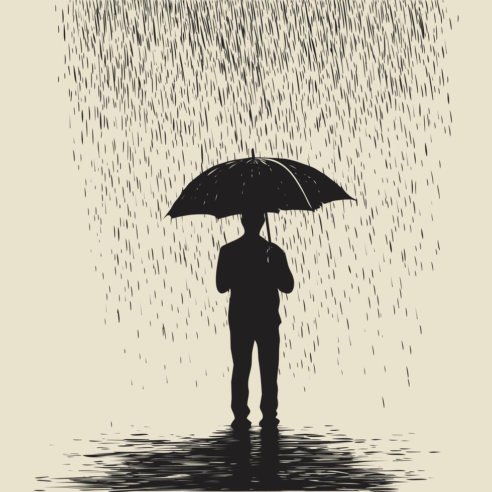 Silhouette of a man holding an umbrella in heavy rain on single color background. vector