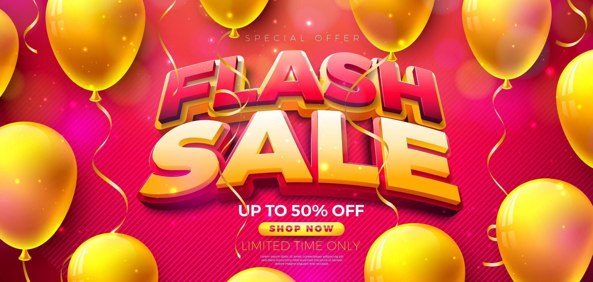 Flash Sale Shopping Day Banner Design with 3d Lettering and Party Balloon on Red Background. Special Offer Campaign Illustration with Typography for Coupon, Voucher, Banner, Flyer, Promotional vector
