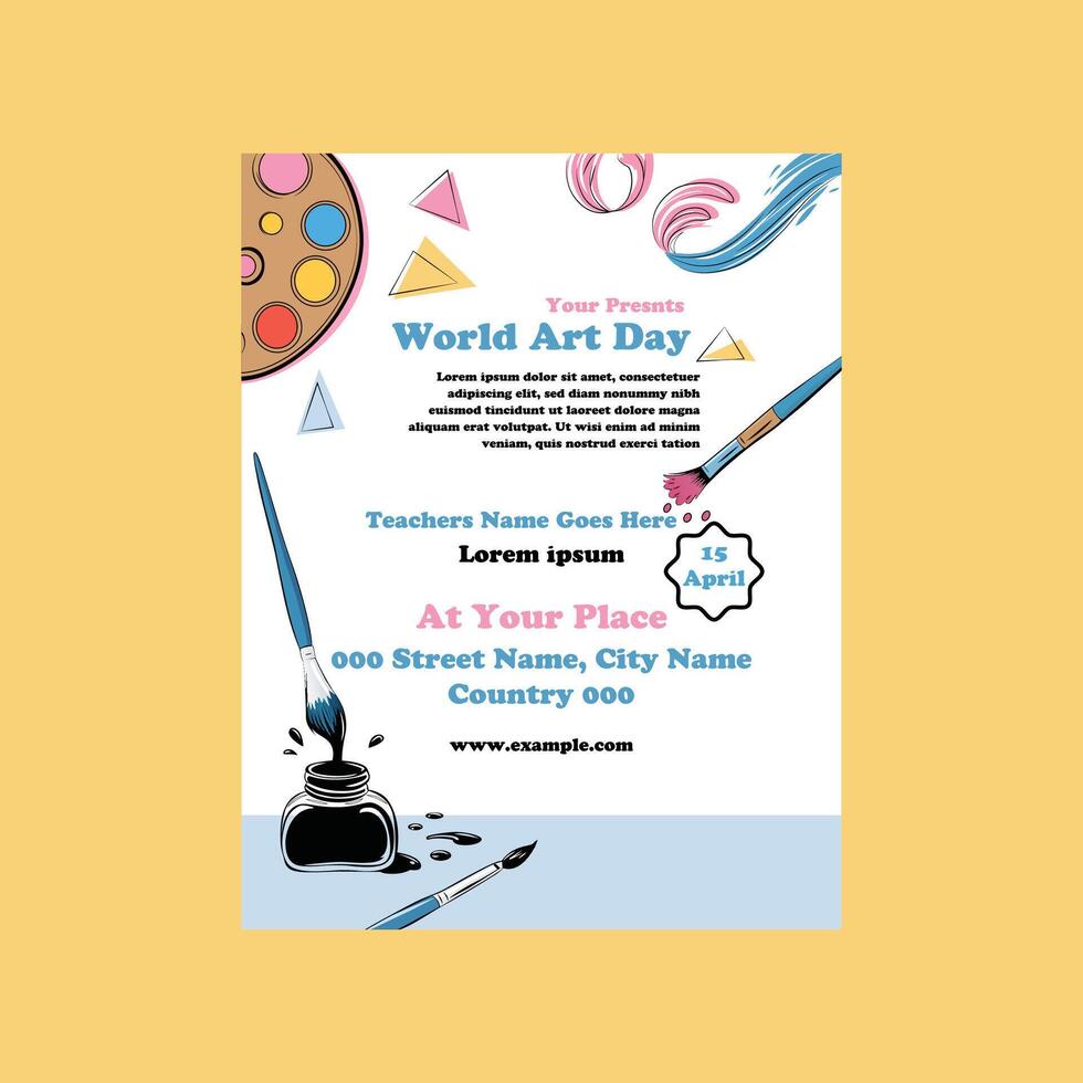 World Art Day background. World Art Day Celebration. April 15. Cartoon Illustration Design Template for Poster, Banner, Flyer, Card, Post, Cover, Competition, Event. painting, paint, and brush. vector