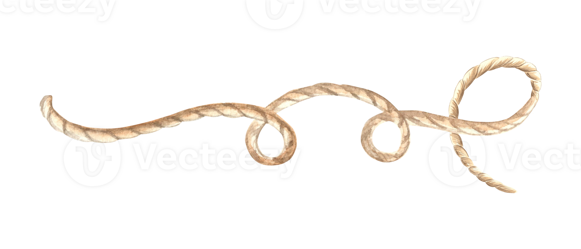 Rope twisted in loops. Hand drawn watercolor illustration isolated. Marine cord or string of hemp. Fiber of burlap, thread. Horizontal composition in nautical style. Clipart for postcard, craft, print png