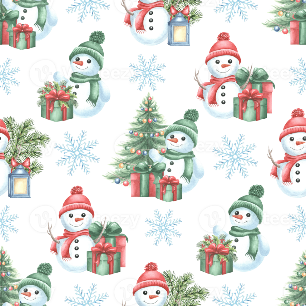 Snowmen with christmas tree, gift boxes and snowflakes. Winter seamless pattern, holiday design. Hand drawn watercolor illustration. Template for Christmas and New Year print, paper, wrapping, fabric. png