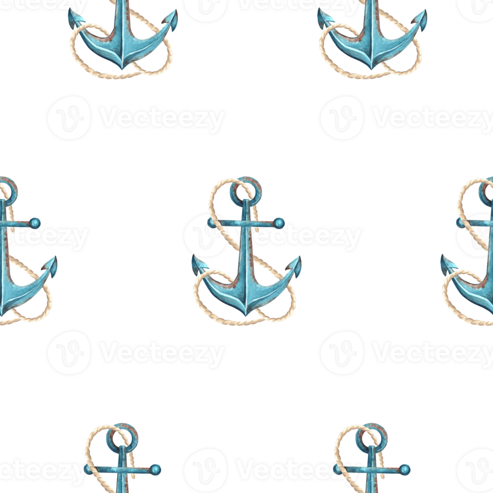 Anchors blue rusty with rope. Seamless pattern. Hand drawn watercolor illustration. Equipment for ship. Nautical design of tropical sea and Mediterranean stile. Template for wallpaper, textile, cover. png