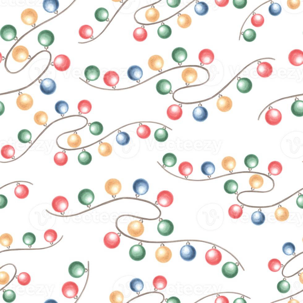 Christmas lights garland seamless pattern. Hand drawn watercolor illustration. Glowing light bulbs hanging. New Year, birthday holiday endless pattern. Clipart for wallpaper, wrapping, fabric. png