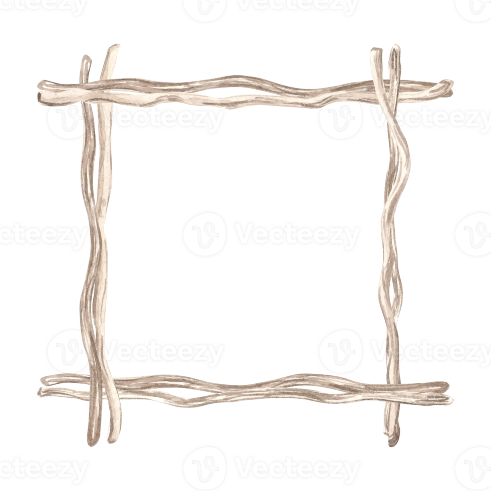 Wooden square frame made from sea driftwoods. Hand drawn watercolor illustration isolated. Border made of old dried branches. Marine stile. Copy space for text. Template for postcard, textile, print. png