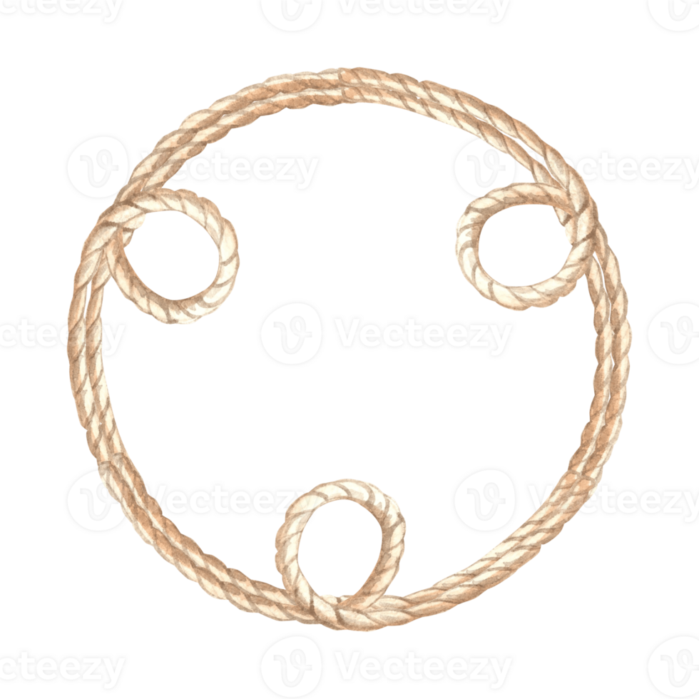 Wreath from rope with loops. Frame made of cord. Hand drawn watercolor illustration isolated. Marine border with empty space for text. String garland. Nautical template for postcard, embroidery, logo. png
