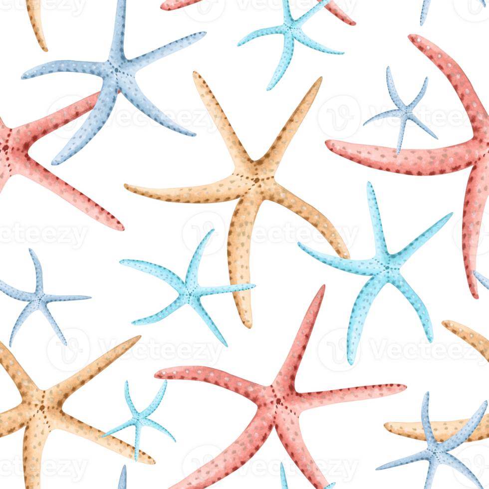 Colorful starfishes seamless pattern. Hand drawn watercolor illustration isolated. Underwater background, oceanic animal. Mediterranean and tropical sea stile. Template for wallpaper, textile, cover. png