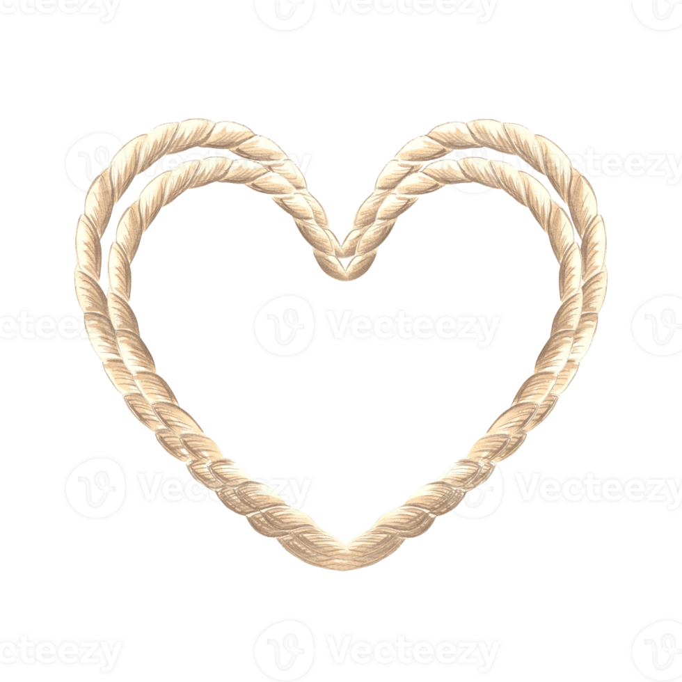 Frame from rope in heart shape. Hand drawn watercolor illustration isolated. Marine border made of cord. Empty space for text. Romantic string garland. Nautical template for card, textile, logo, print png