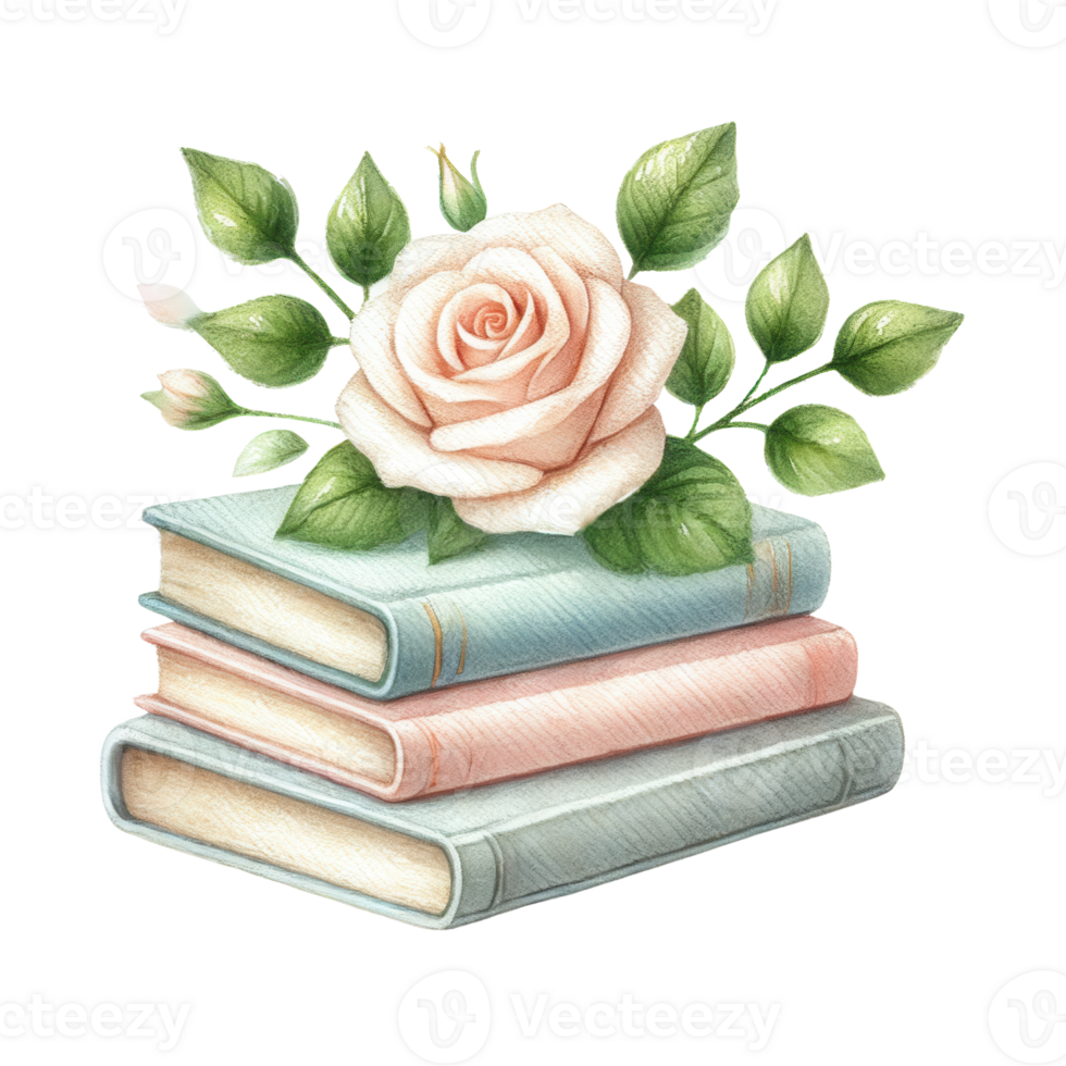 A pastel-colored stack of books with a blooming rose and green leaves, symbolizing love, nature, and reading. png
