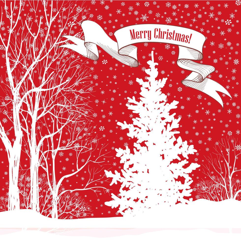 Snow winter landscape with fir tree. Merry Christmas greeting card. vector